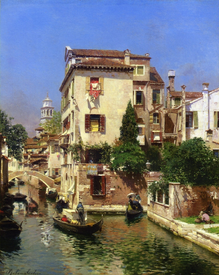 Gondoliers on a Venetian Canal by Rubens Santoro,A3(16x12