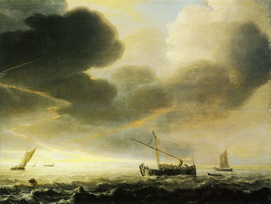 Thunderstorm off the Coast, vintage artwork by Simon de Vlieger, 12x8" (A4) Poster