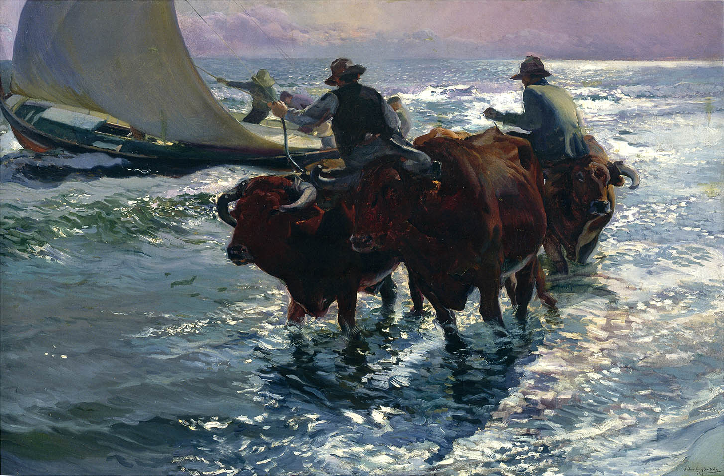 Bulls in the Sea, vintage artwork by Joaquin Sorolla y Bastida, 12x8" (A4) Poster