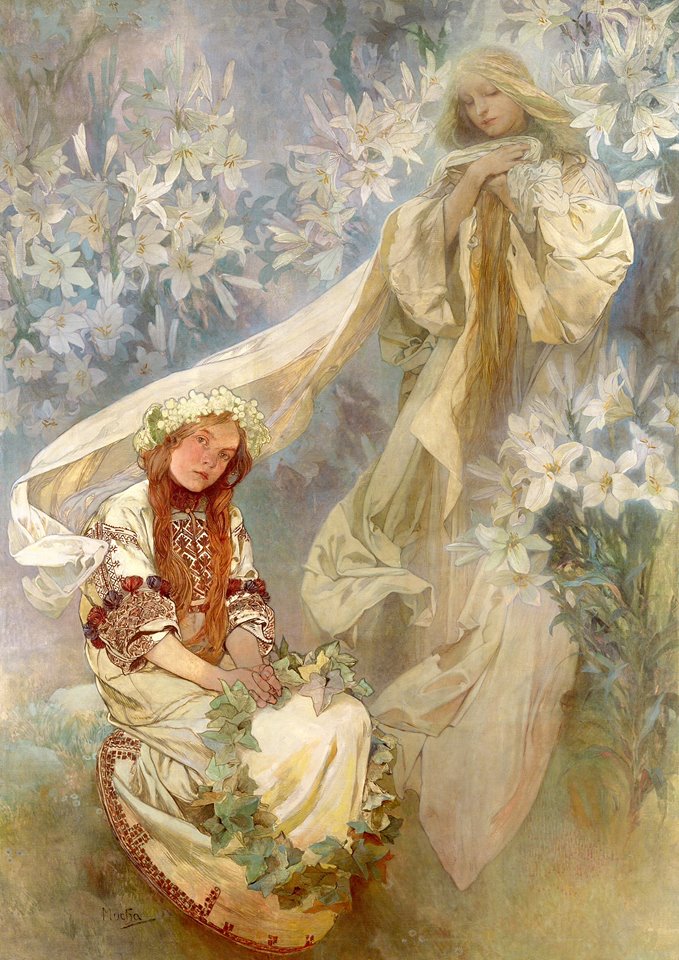 Madonna of the Lilies, vintage artwork by Alfons Mucha, 12x8