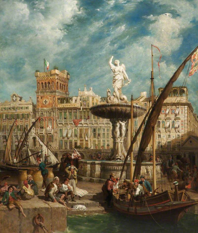 The Fountain, Port of Genoa, Italy, vintage artwork by William Parrott, A3 (16x12") Poster Print