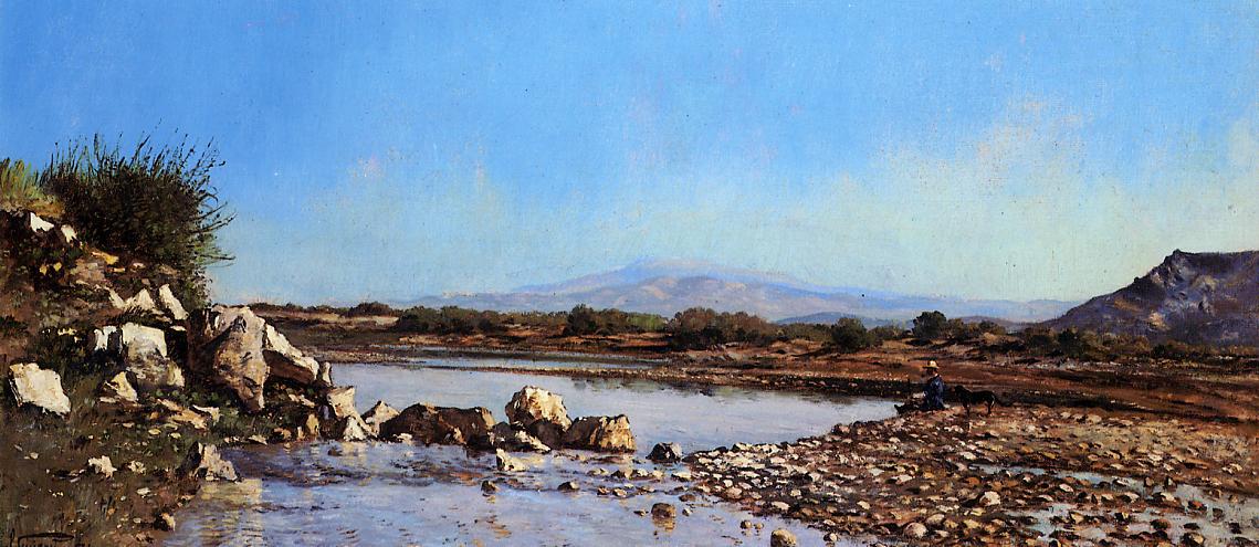 The Painter and His Dog on the Banks of the Durance, vintage artwork by Paul-Camille Guigou, 12x8" (A4) Poster