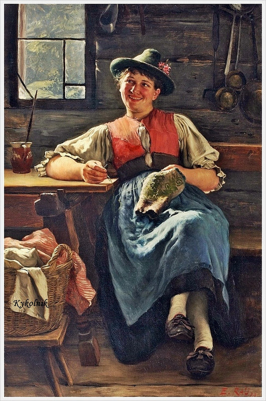 Young woman sewing by Emil Rau,A3(16x12")Poster