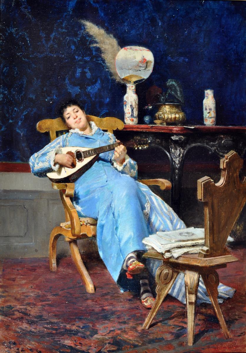 Girl with a Mandolin, vintage artwork by Vincenzo Caprile, 12x8" (A4) Poster