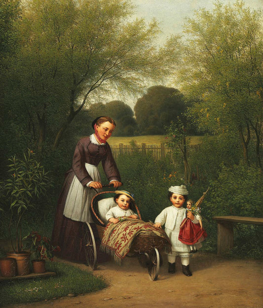 A Nanny with Two Children, vintage artwork by Edvard Lehmann, A3 (16x12") Poster Print
