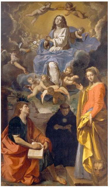 Virgin in glory and Saints John the Evangelist, Eufemia and Nicola of Tolentino, vintage artwork by Simone Cantarini, 12x8" (A4) Poster