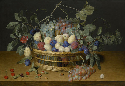 Still life with plums, grapes and peaches in a wicker basket, with Cherries, Hazelnuts, a Beetle and  a Butterfly on the Woodentabletop Beneath”, vintage artwork by Jacob van Hulsdonck, 12x8" (A4) Poster