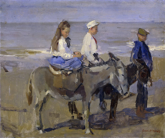 Boy and Girl on Donkeys, vintage artwork by Isaac Israels, 12x8" (A4) Poster