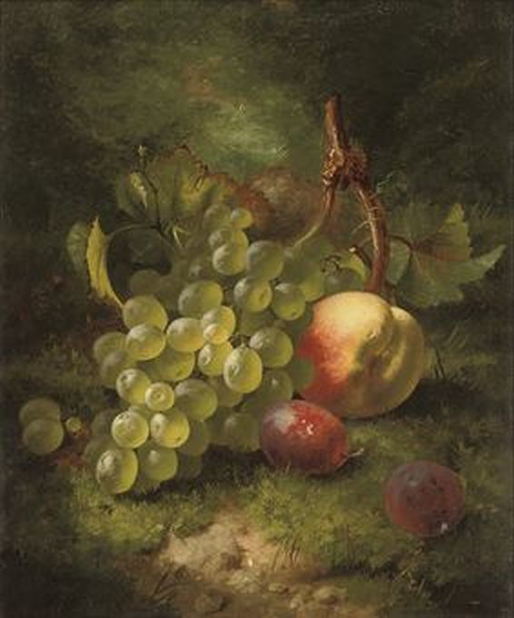 Grapes, plums and peach on a grassy bank, vintage artwork by Eloise Harriet Stannard, 12x8" (A4) Poster