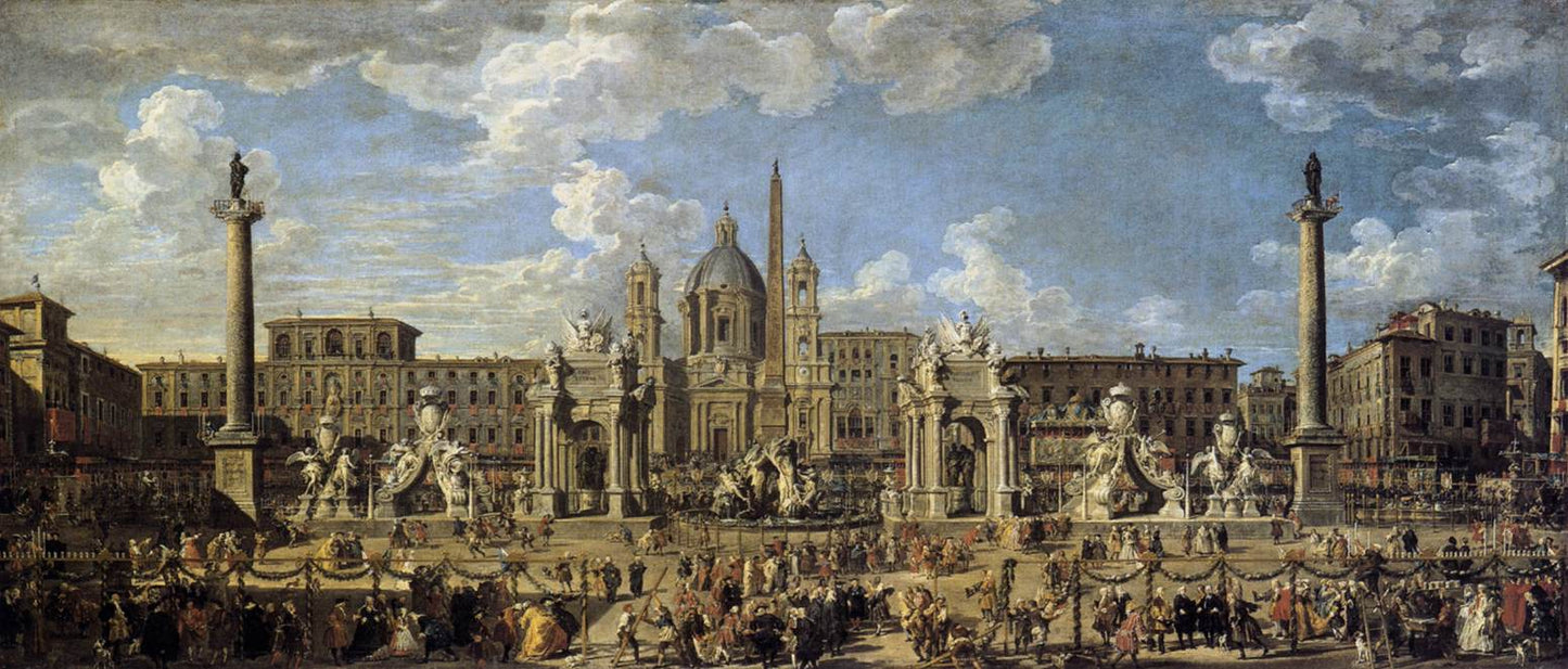 Piazza Navona in Rome, vintage artwork by Giovanni Paolo Panini, 12x8" (A4) Poster