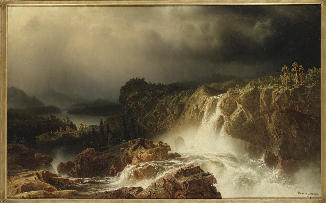 Rocky Landscape with Waterfall, vintage artwork by Marcus Larson, 12x8" (A4) Poster