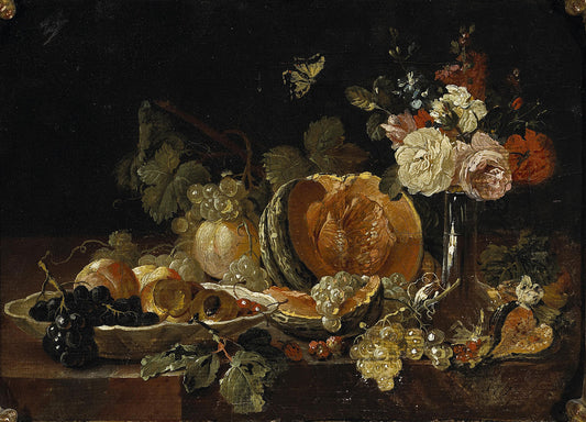 A still life with flowers in a glass vase, a lemon, cherries and other fruit in a porcelain vase, vintage artwork by Johann Amandus Winck, 12x8" (A4) Poster