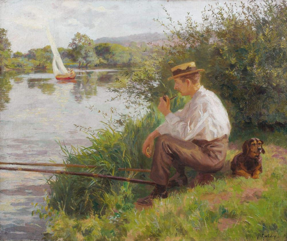 The Fisherman by  the Edge of the Water, vintage artwork by Ferdinand-Joseph Gueldry, 12x8" (A4) Poster