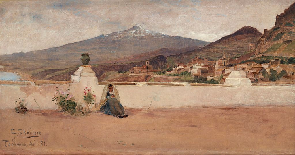 View of Taormina with Etna, vintage artwork by Carl Skanberg, 12x8" (A4) Poster