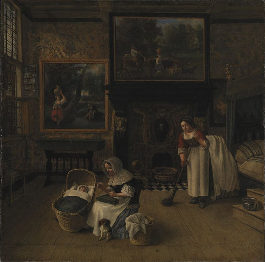Interior with a Woman Embroidering and Rocking a Child in a Cradle, vintage artwork by Jan Siberechts, 12x8" (A4) Poster
