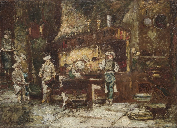 The Kitchen of the Rôtisserie des Deux Paons, vintage artwork by Adolphe-Joseph-Thomas Monticelli, 12x8" (A4) Poster