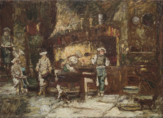 The Kitchen of the Rôtisserie des Deux Paons, vintage artwork by Adolphe-Joseph-Thomas Monticelli, 12x8" (A4) Poster