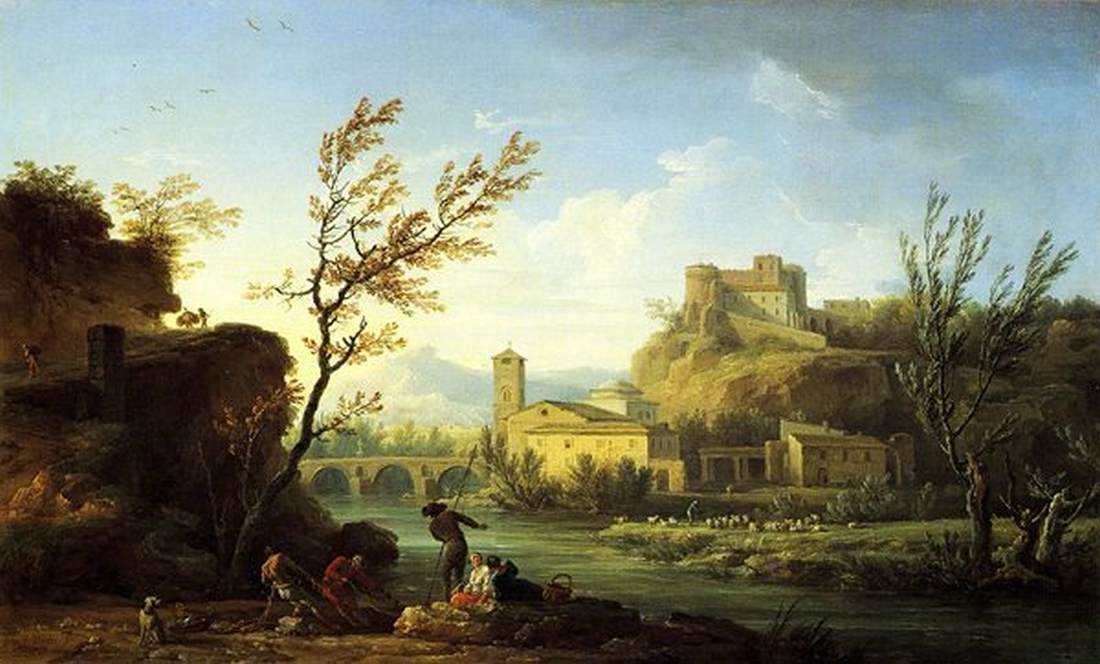 Italianate River Landscape, vintage artwork by Claude-Joseph Vernet, 12x8" (A4) Poster