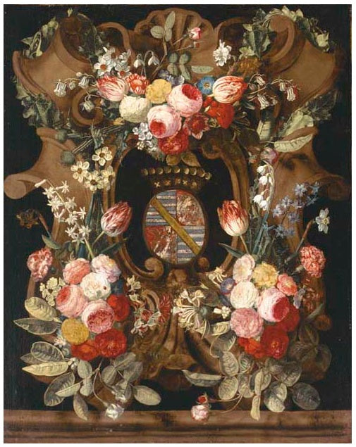 A flower garland around a stone cartouche with a coat-of-arms, vintage artwork by Carstian Luyckx, 12x8" (A4) Poster
