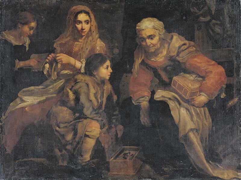 Interior scene with figures gathered around a brazier, vintage artwork by Eberhart Keilhau, 12x8" (A4) Poster