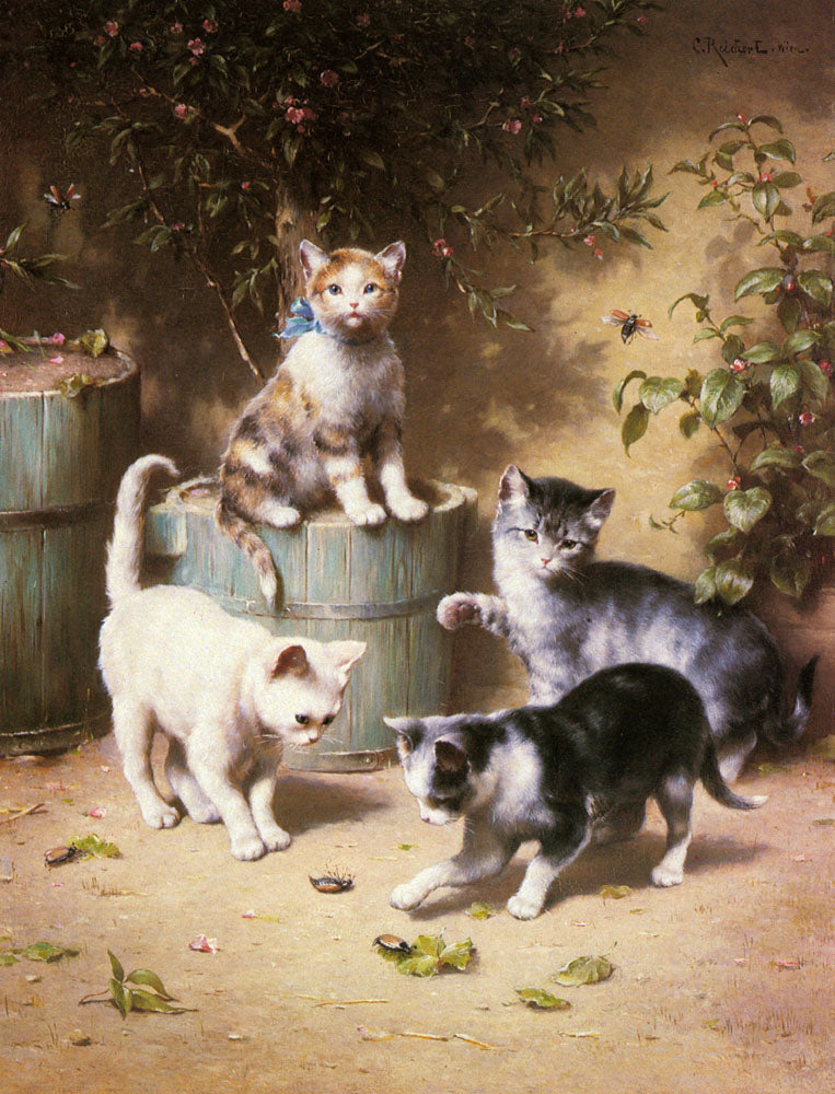 Kittens Playing with Beetles, vintage artwork by Carl Reichert, 12x8" (A4) Poster