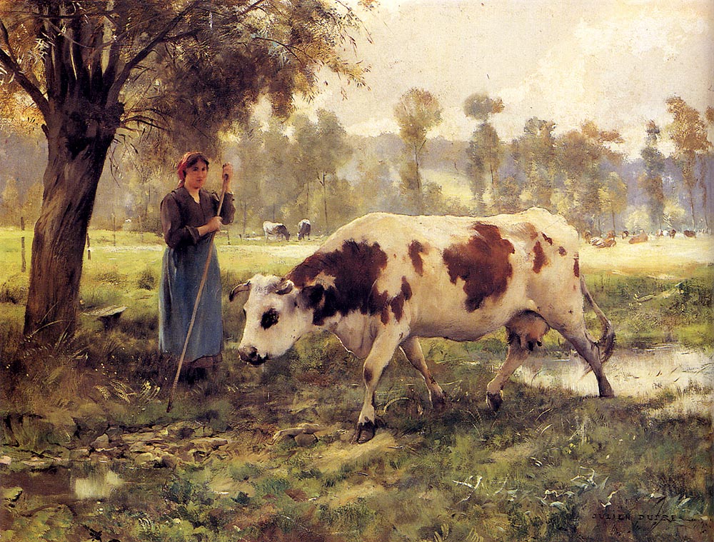 Cows At Pasture, vintage artwork by Julien Dupre, 12x8" (A4) Poster