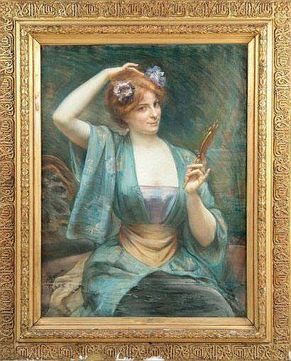 Young Woman with a Mirror, vintage artwork by Georges Roussin, 12x8" (A4) Poster