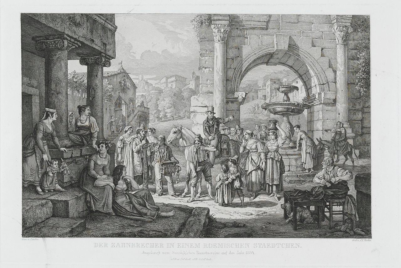 A travelling tooth-drawer and medicine vendor in a town near Rome, vintage artwork by Ludwig Richter, A3 (16x12") Poster Print