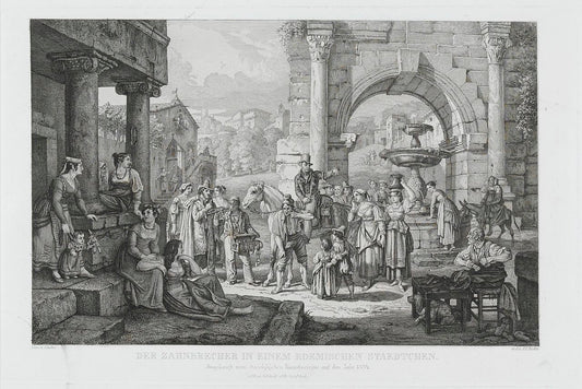 A travelling tooth-drawer and medicine vendor in a town near Rome, vintage artwork by Ludwig Richter, A3 (16x12") Poster Print