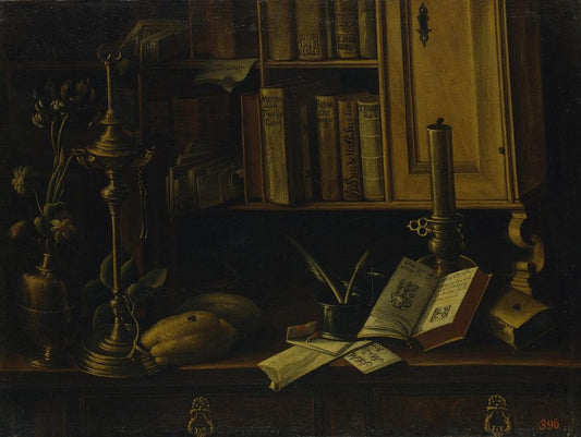Still Life with Books, vintage artwork by Cristoforo Munari, 12x8" (A4) Poster