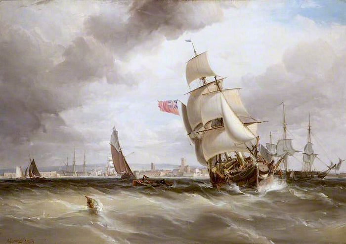 Off Portsmouth, in the Distance Nelson's Flagship, the 'Victory', vintage artwork by George Paul Chambers, Sr., A3 (16x12