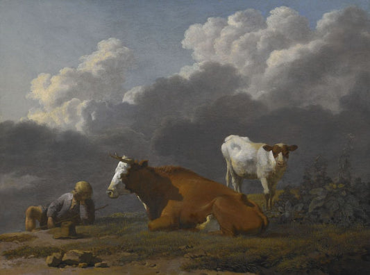 A Shepherd Boy Asleep with a Cow and its Calf, vintage artwork by Carel Dujardin, 12x8" (A4) Poster