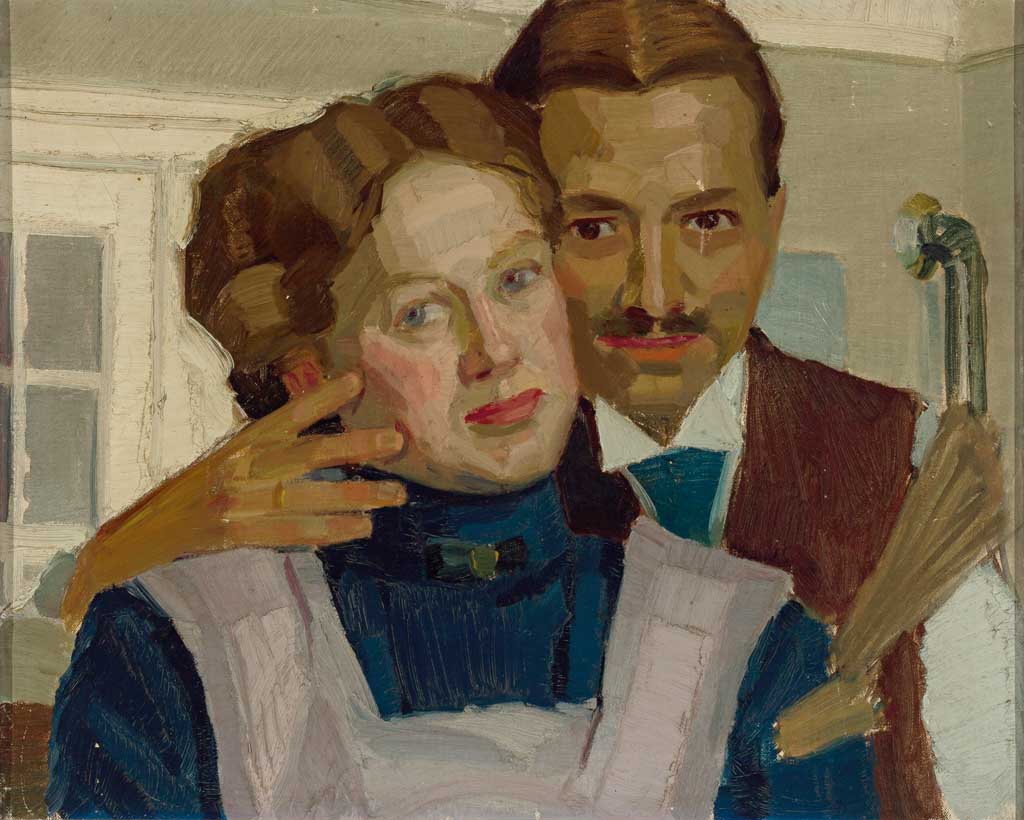 Self-Portrait with His Wife, vintage artwork by Alwin Arnegger, 12x8" (A4) Poster
