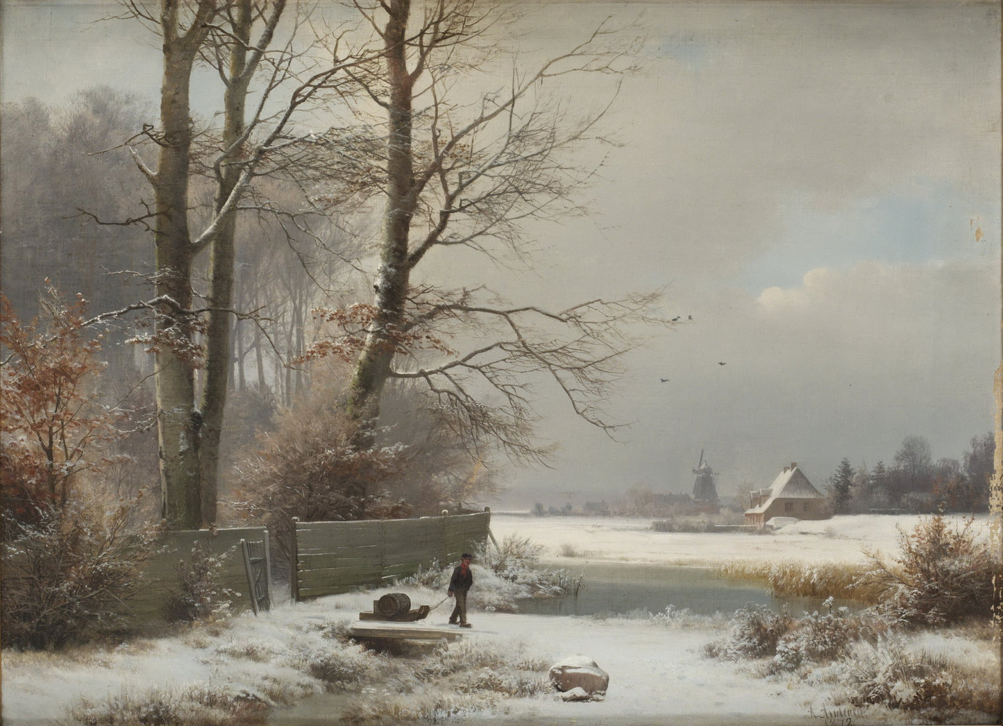 Man with Sledge in a Winter Landscape, vintage artwork by Anders Anderson-Lundby , 12x8" (A4) Poster