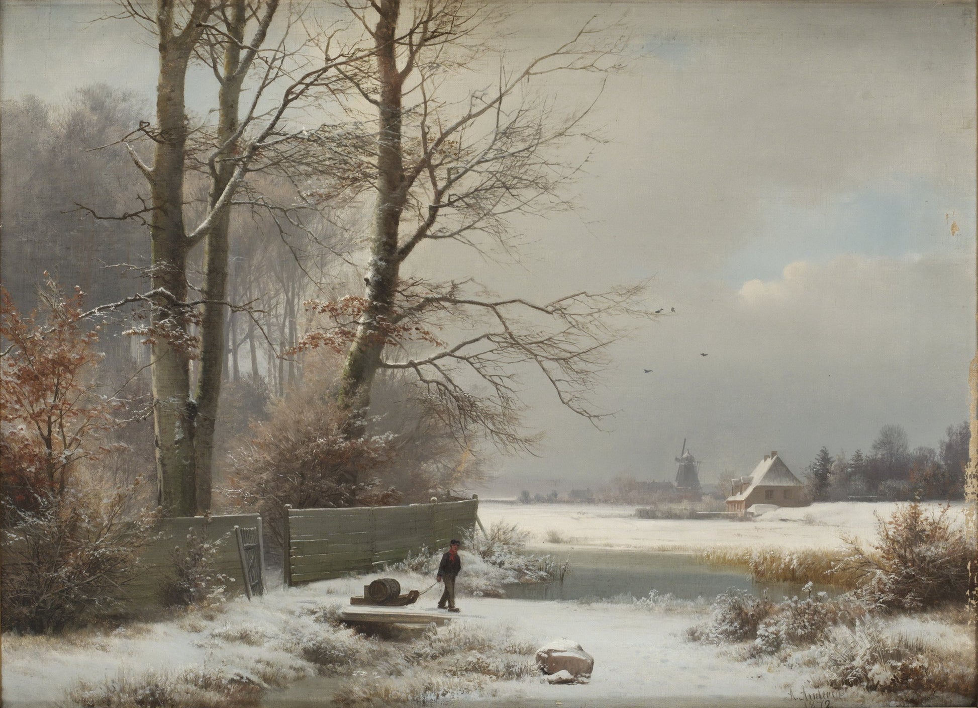 Man with Sledge in a Winter Landscape, vintage artwork by Anders Anderson-Lundby , 12x8" (A4) Poster
