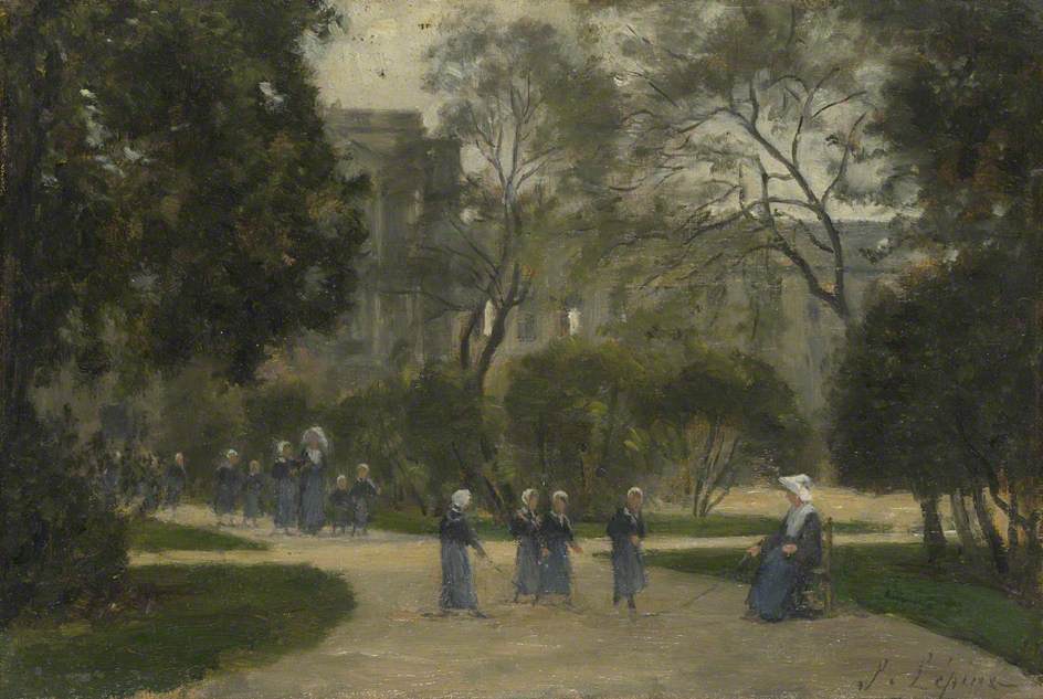 Nuns and Schoolgirls in the Tuileries Gardens, Paris, vintage artwork by Stanislas Lepine, 12x8" (A4) Poster