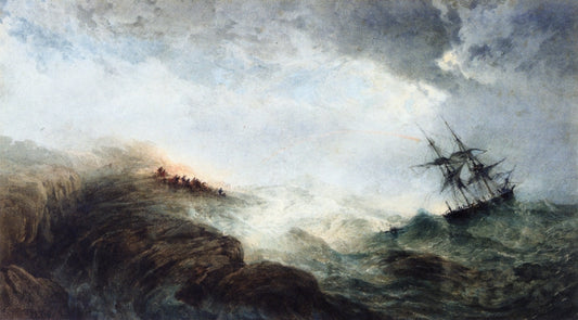 A Ship in Distress, with Figures n the Shore Firing a Rocket, vintage artwork by Edward Duncan, A3 (16x12") Poster Print