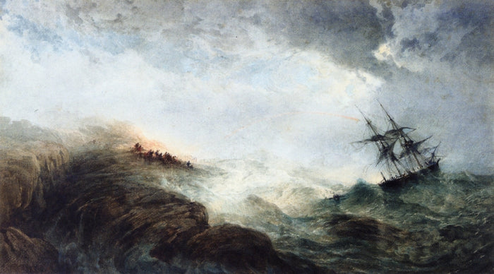 A Ship in Distress, with Figures n the Shore Firing a Rocket, vintage artwork by Edward Duncan, A3 (16x12
