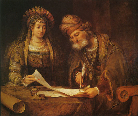 Mardochai Writing the First Purim Letter, vintage artwork by Aert de Gelder, 12x8" (A4) Poster