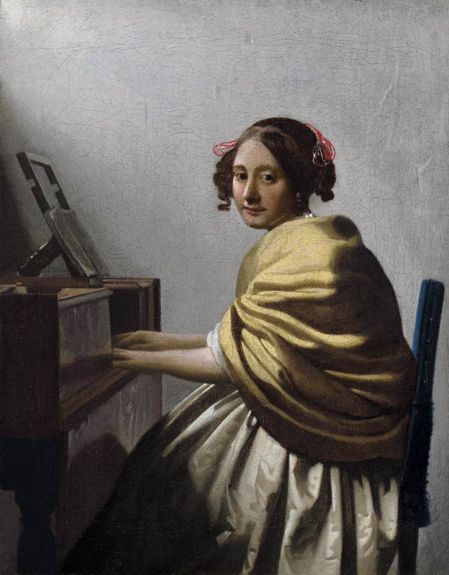 A Young Woman Seated at the Virginal, vintage artwork by Attributed to Johannes Vermeer, 12x8" (A4) Poster