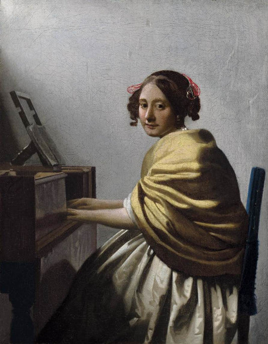 A Young Woman Seated at the Virginal, vintage artwork by Attributed to Johannes Vermeer, 12x8" (A4) Poster