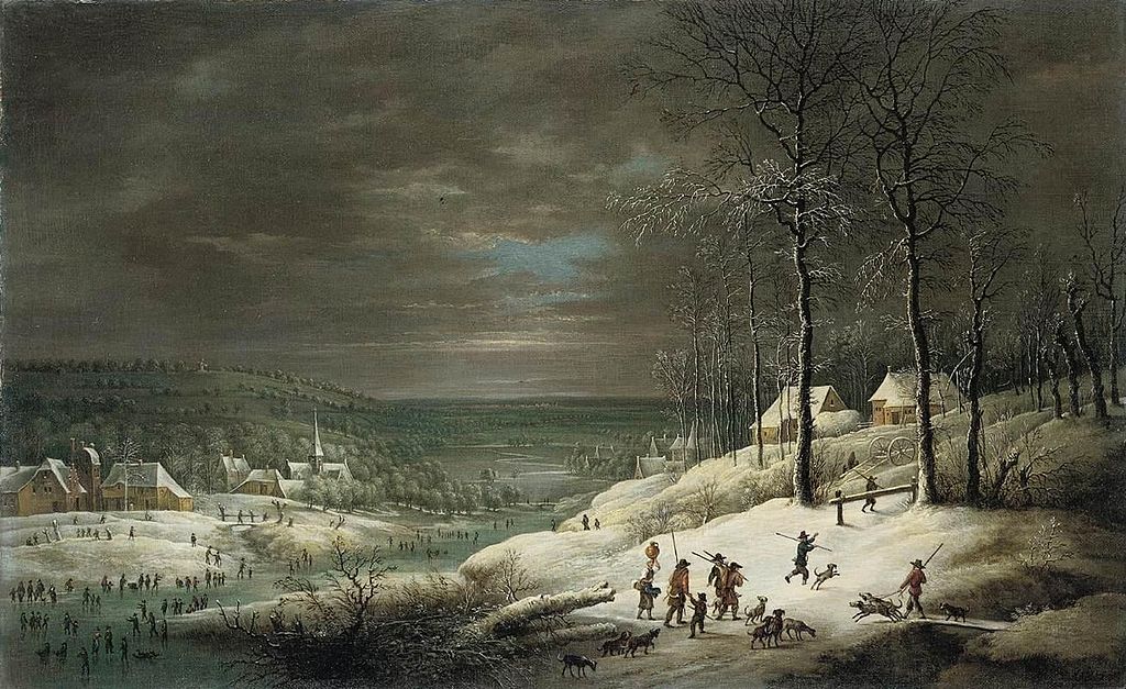 Winter Landscape with Hunters, vintage artwork by Lucas van Uden, 12x8" (A4) Poster