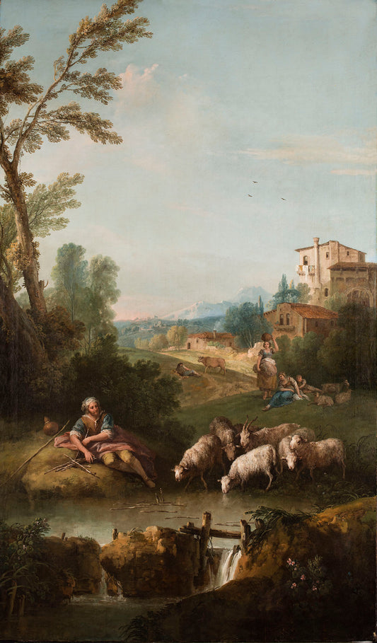 Landscape with Jacob Watering Laban's Flock, vintage artwork by Francesco Zuccarelli, 12x8" (A4) Poster