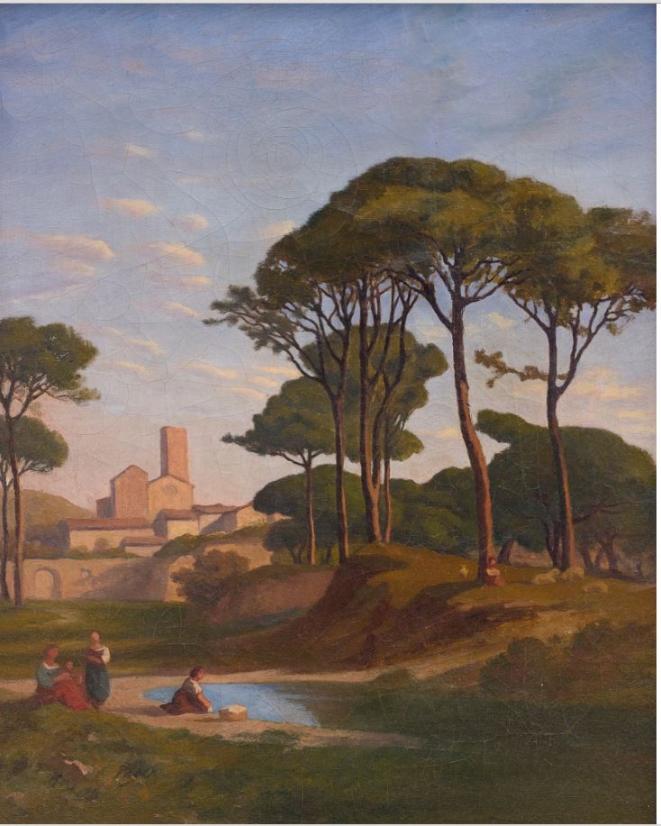 Italianate Landscape With Figures Near A Stream, vintage artwork by Jean-Achille Benouville, A3 (16x12") Poster Print
