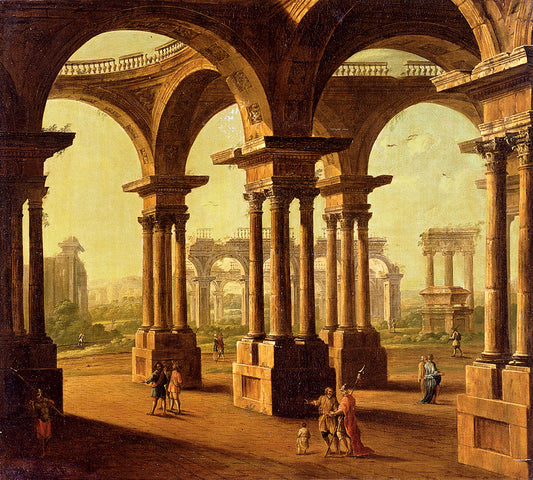 Cappricio Of Roman Ruins with Classical Figures, vintage artwork by Antonio Joli, 12x8" (A4) Poster