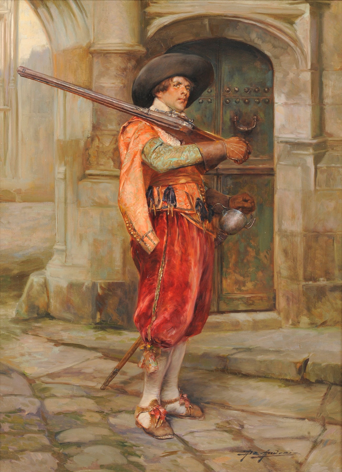 Soldier Standing beside a Doorway, vintage artwork by Alex de Andreis, 12x8" (A4) Poster