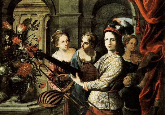 Gruppo di giovani suonatori con vaso di fiori, vintage artwork by Pietro Paolini, 12x8" (A4) Poster