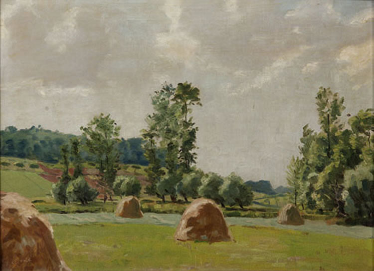 Landscape with Haystacks, vintage artwork by Paul Lecomte, 12x8" (A4) Poster