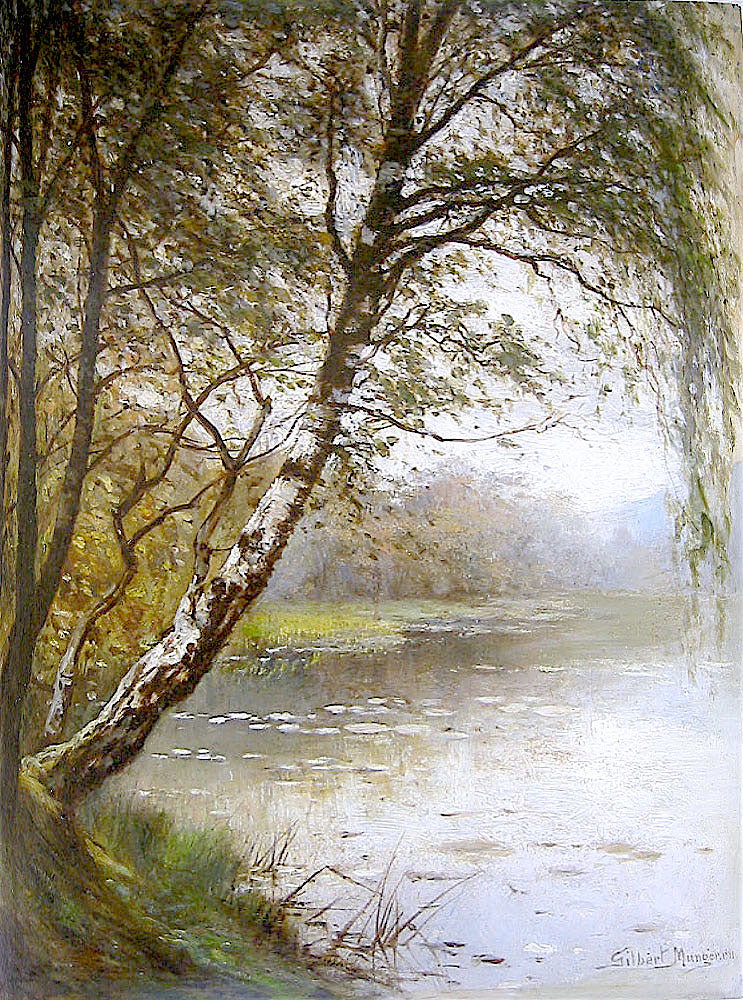 River with Birches and Lily Pads, vintage artwork by Gilbert Munger, 12x8" (A4) Poster