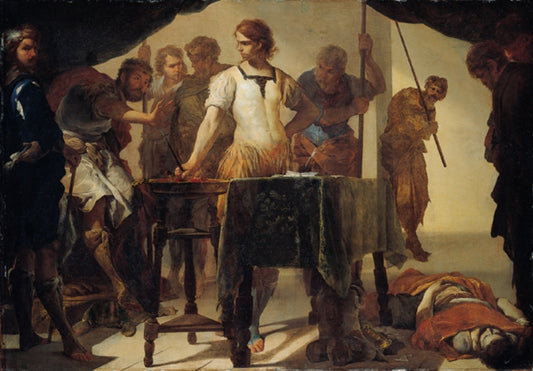 Gaius Mucius Scaevola Confronting King Porsenna, vintage artwork by Bernardo Cavallino, 12x8" (A4) Poster